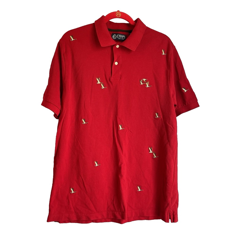 Chaps Duck Shirt Red Embroidered Polo Size Large 100% Cotton Short Sleeve